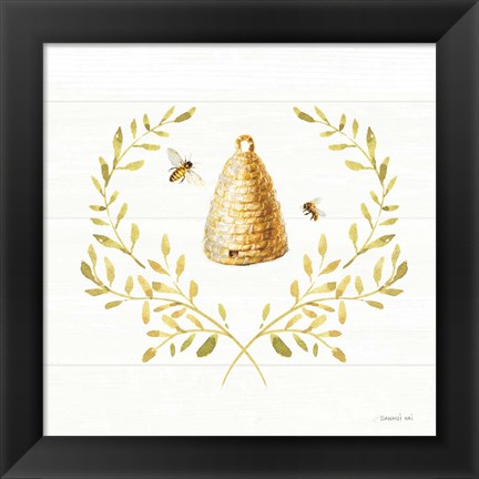 Framed Bees and Blooms Skep Laurel Print