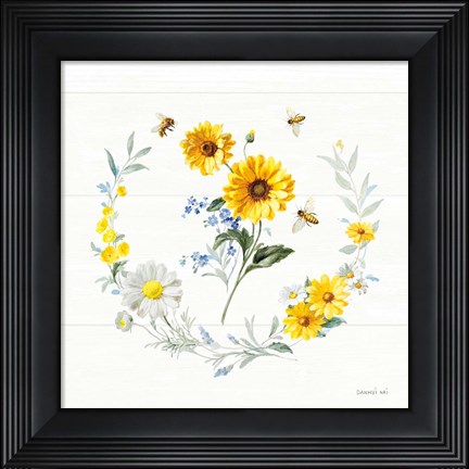 Framed Bees and Blooms Flowers V with Wreath Print