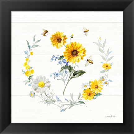 Framed Bees and Blooms Flowers V with Wreath Print