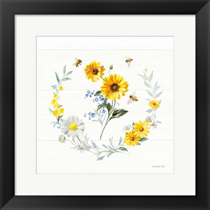 Framed Bees and Blooms Flowers V with Wreath Print