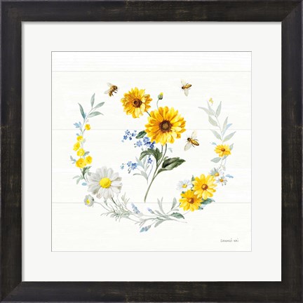 Framed Bees and Blooms Flowers V with Wreath Print