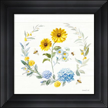 Framed Bees and Blooms Flowers IV with Wreath Print