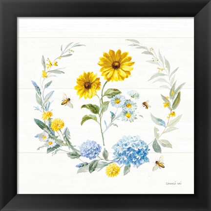 Framed Bees and Blooms Flowers IV with Wreath Print