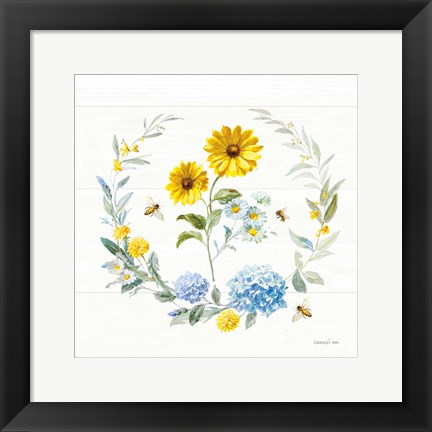 Framed Bees and Blooms Flowers IV with Wreath Print