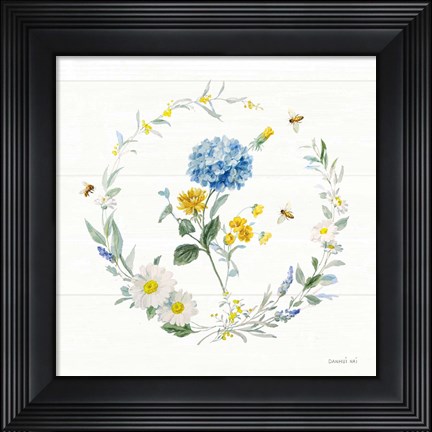 Framed Bees and Blooms Flowers III with Wreath Print