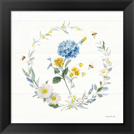 Framed Bees and Blooms Flowers III with Wreath Print