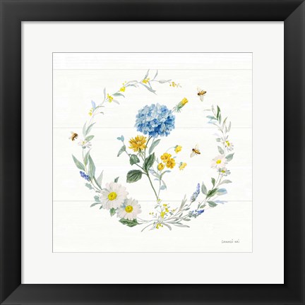 Framed Bees and Blooms Flowers III with Wreath Print