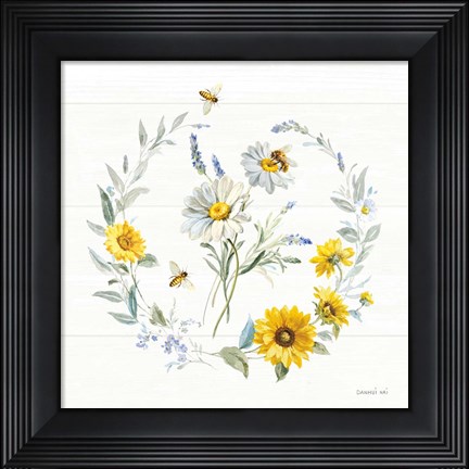 Framed Bees and Blooms Flowers II with Wreath Print