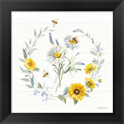 Framed Bees and Blooms Flowers II with Wreath Print