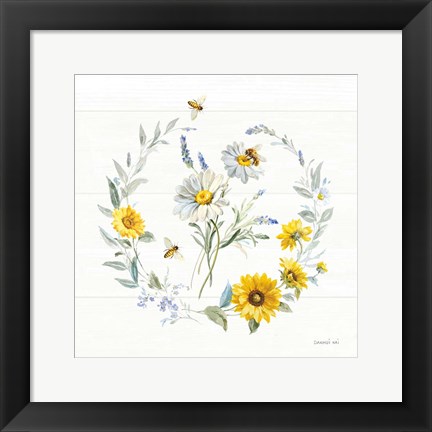 Framed Bees and Blooms Flowers II with Wreath Print