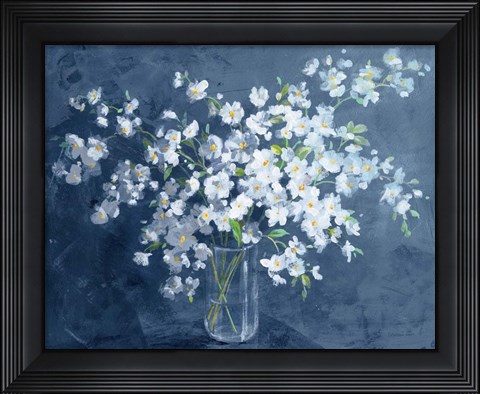 Framed Fresh White Bouquet Dark Blue Print