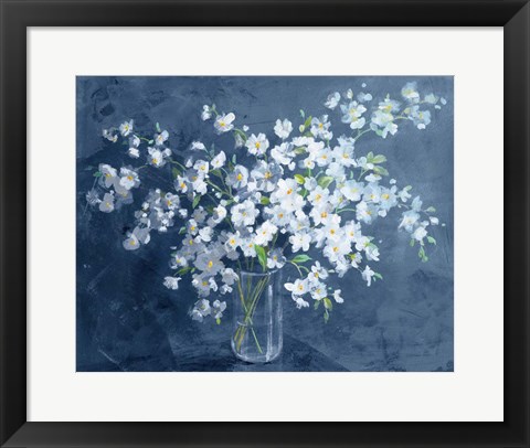 Framed Fresh White Bouquet Dark Blue Print