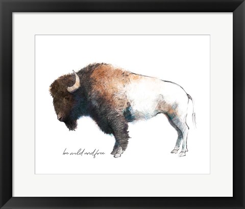 Framed Wild Colorful Bison Dark Brown Print