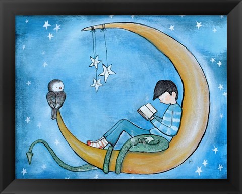 Framed Boy Reading On Moon Print