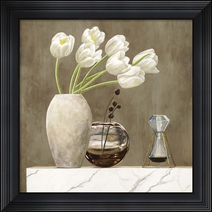 Framed Floral Setting on White Marble I Print