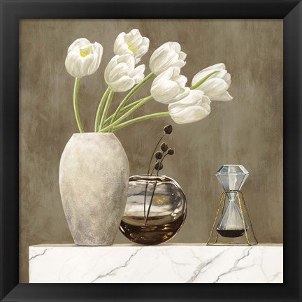 Framed Floral Setting on White Marble I Print