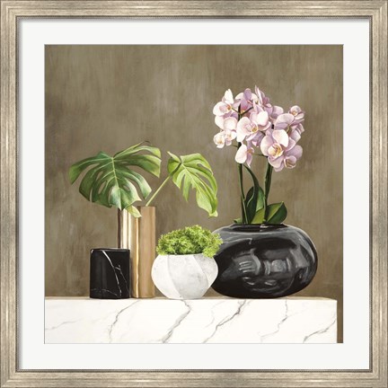 Framed Floral Setting on White Marble II Print