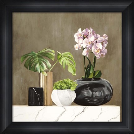 Framed Floral Setting on White Marble II Print