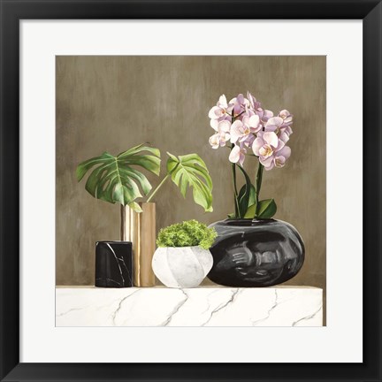 Framed Floral Setting on White Marble II Print