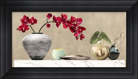 Framed Red Orchids on White Marble Print