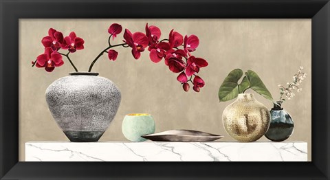 Framed Red Orchids on White Marble Print