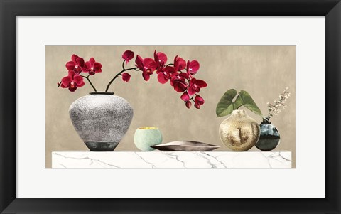 Framed Red Orchids on White Marble Print