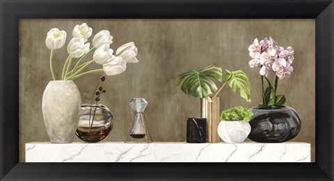 Framed Floral Setting on White Marble Print