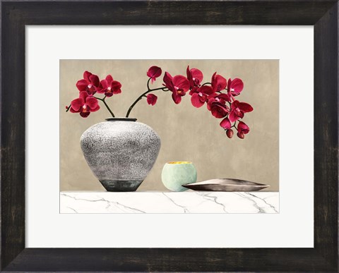 Framed Red Orchids on White Marble (detail) Print