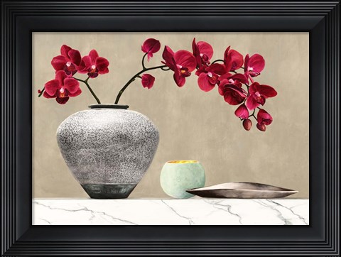 Framed Red Orchids on White Marble (detail) Print