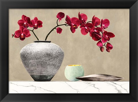 Framed Red Orchids on White Marble (detail) Print