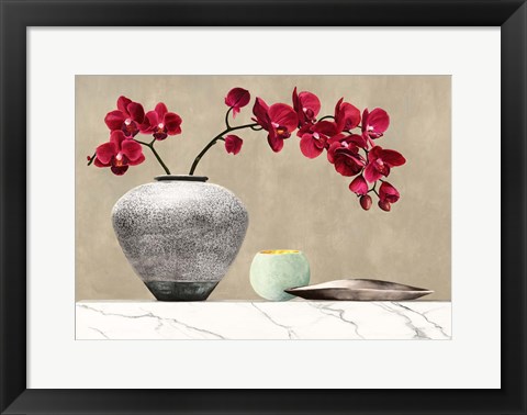 Framed Red Orchids on White Marble (detail) Print