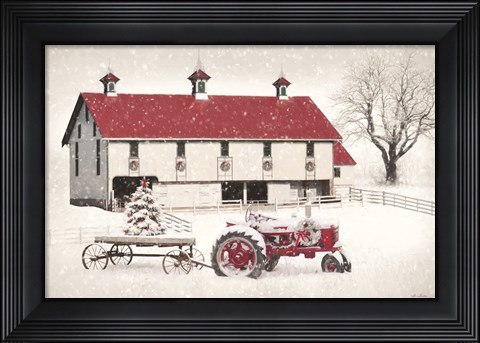 Framed Red and White Christmas Barn Print