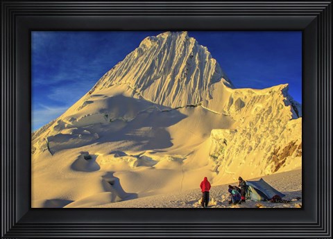 Framed Mountaineers Camping on Alpamayo Mountain at Sunrise, Peru Print