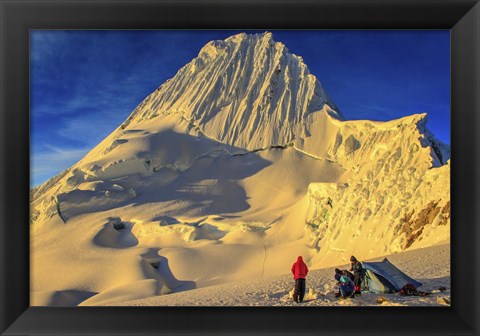 Framed Mountaineers Camping on Alpamayo Mountain at Sunrise, Peru Print