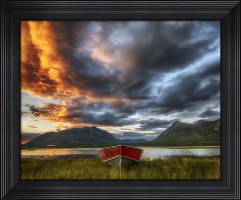Framed Small Boat With Moody Sky, Carcross, Yukon, Canada Print