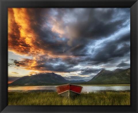 Framed Small Boat With Moody Sky, Carcross, Yukon, Canada Print