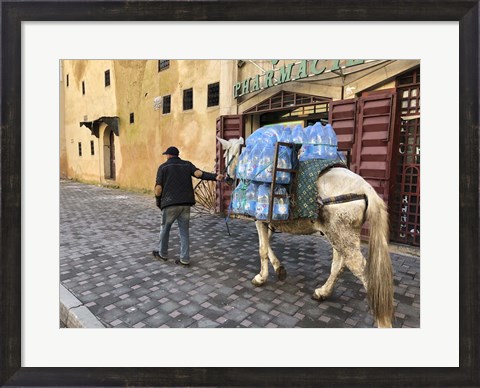 Framed Mule Carrying Water, Through the Medina in Fes, Morocco, Africa Print