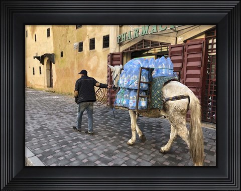 Framed Mule Carrying Water, Through the Medina in Fes, Morocco, Africa Print