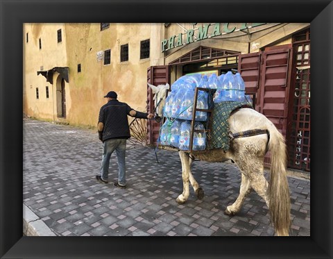 Framed Mule Carrying Water, Through the Medina in Fes, Morocco, Africa Print