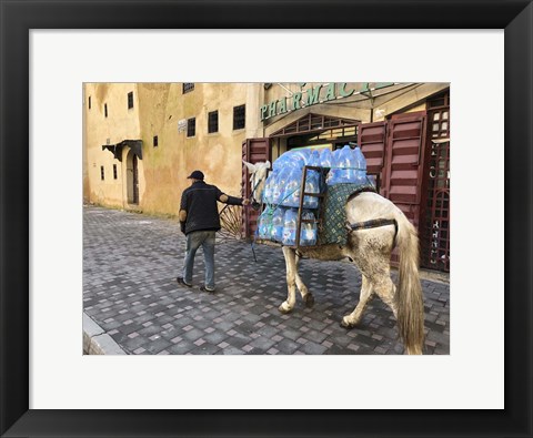 Framed Mule Carrying Water, Through the Medina in Fes, Morocco, Africa Print