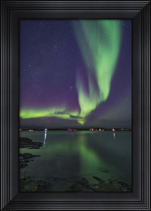 Framed Curtain of Aurora Sweeps Over the Houseboats Moored On Yellowknife Bay Print
