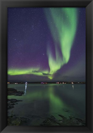 Framed Curtain of Aurora Sweeps Over the Houseboats Moored On Yellowknife Bay Print