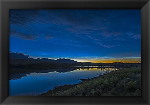 Framed Noctilucent Clouds Glowing and Reflected in Calm Waters of the Waterton River Print