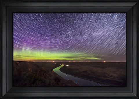 Framed Circumpolar Star Trails and Aurora Over the Red Deer River, Alberta Print