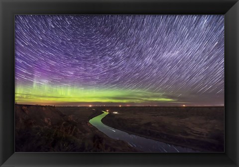 Framed Circumpolar Star Trails and Aurora Over the Red Deer River, Alberta Print