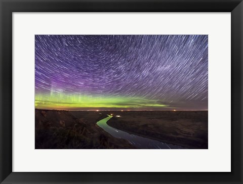 Framed Circumpolar Star Trails and Aurora Over the Red Deer River, Alberta Print