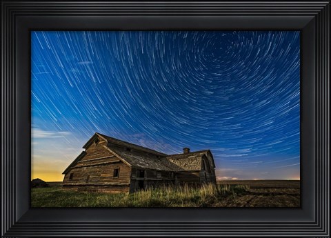 Framed Circumpolar Star Trails Over An Old Barn in Southern Alberta Print