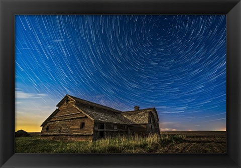 Framed Circumpolar Star Trails Over An Old Barn in Southern Alberta Print