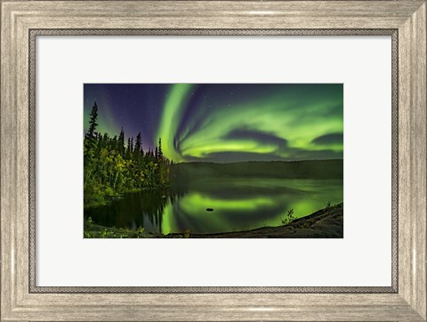Framed Aurora Over Cameron River With Autumn Colors Print