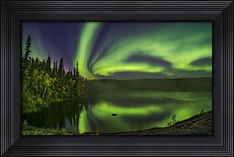 Framed Aurora Over Cameron River With Autumn Colors Print